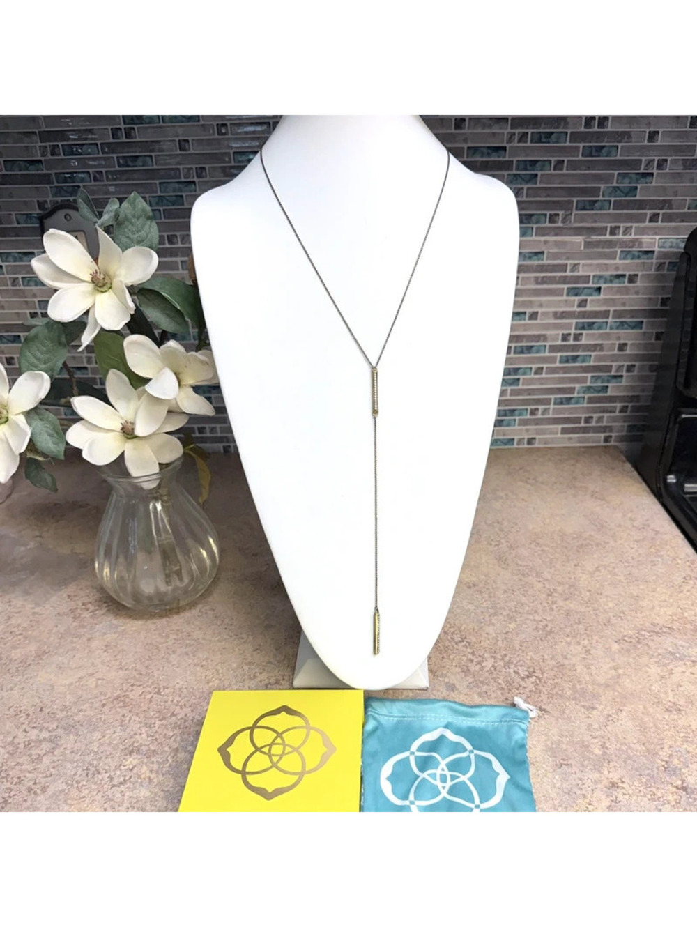Kendra Scott Shelton Y Necklace Gold Tone Pavé Crystal Bar Lariat Adjustable Bag